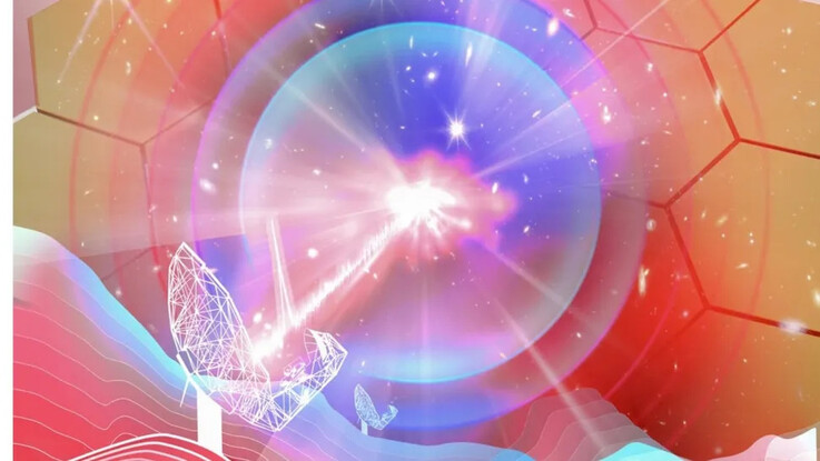 Un'illustrazione artistica che mostra il radiotelescopio MeerKAT mentre rileva un FRB.
