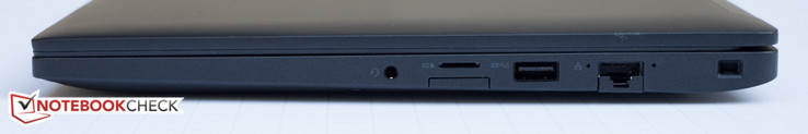 Lato Destro: jack audio combo da 3.5 mm, MicroSDXC, SIM card tray, USB3.0, RJ45, slot Nobel Wedge lock