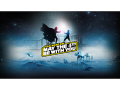 Un'immagine promozionale per lo Star Wars Day Sale di Steam con Darth Vade e Luke Skywalker impegnati in un combattimento con spada laser e un testo promozionale in alto. (Fonte immagine: Steam)