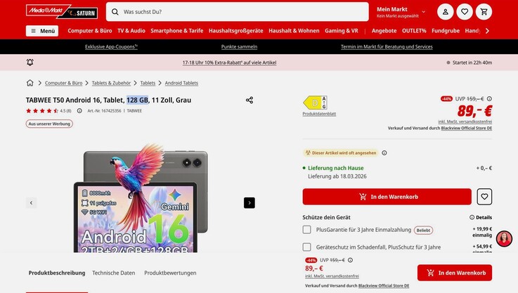 Il Tabwee T50 è commercializzato in diverse regioni con 6 GB di RAM e 128 GB di memoria.