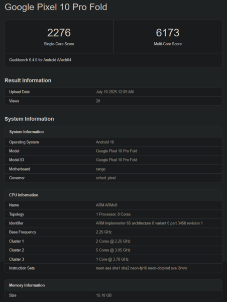 Punteggio Geekbench di Tensor G5 (fonte: Geekbench)