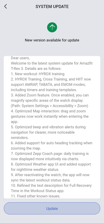 Le note di rilascio per la versione 3.9.4.4 dello smartwatch T-Rex 3. (Fonte: Amandeepxreal via Reddit)