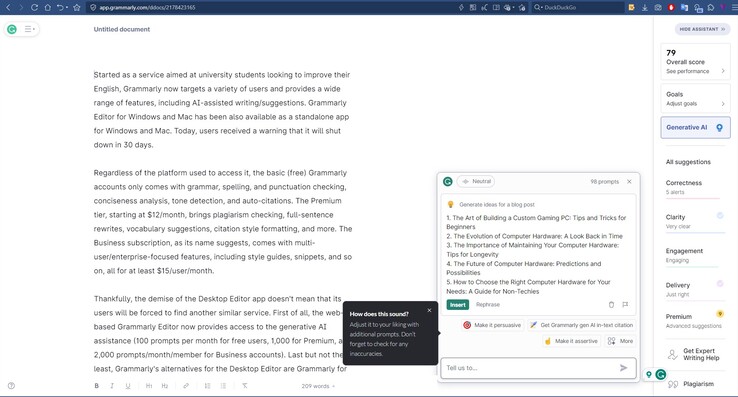 Editor Grammarly basato sul web con funzioni di IA generativa in azione (Fonte: Own)