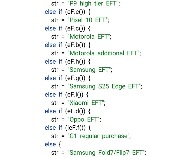 Frammento di codice che mostra il teardown APK con riferimenti a Pixel 10, Samsung Fold7/Flip7, S25 Edge e altri dispositivi Android idonei alla prova di Gemini AI Pro. (Fonte immagine: AssembleDebug via Android Authority)
