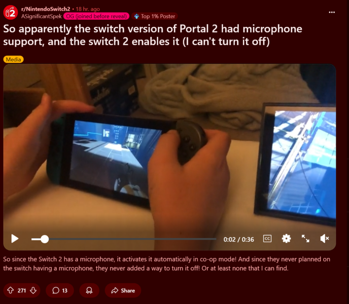 Portale 2 Switch 2 microfono sempre attivo dimostrato (fonte: screenshot, subreddit Nintendo Switch 2)