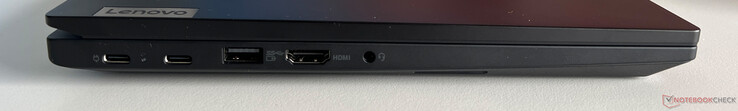 A sinistra: USB-C 3.2 Gen 1 (5 Gbps, DisplayPort ALT Mode 1.4, Power Delivery), USB-C 3.2 Gen 2 (10 Gbps, DisplayPort ALT Mode 1.4, Power Delivery), USB-A 3.2 Gen.1 (5 Gbps, alimentato), HDMI 1.4b, audio 3,5 mm