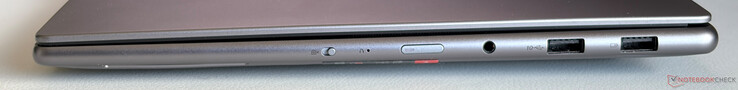 A destra: Webcam eShutter, pulsante di accensione, stereo da 3,5 mm, 2x USB-A 3.2 Gen.2 (10 Gbps, 1x Always-on)