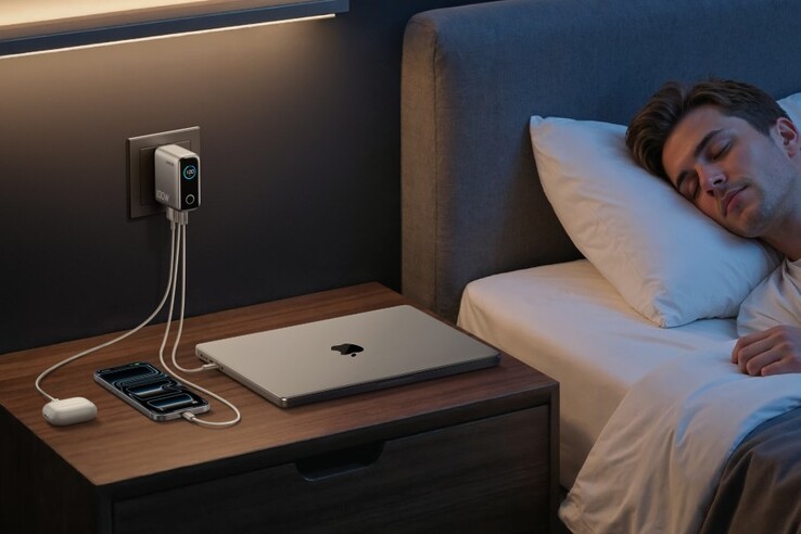 Il caricatore Anker (100W, 3 porte, Smart Display) fornisce energia sufficiente per alimentare un MacBook, un iPhone e un AirPods contemporaneamente. (Fonte immagine: Anker)