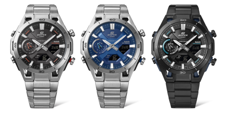Da sinistra a destra: gli orologi Casio Edifice ECB-2300D-1A, ECB-2300D-2A e ECB-2300DC-1A (Fonte immagine: Ersa Watch, a cura)