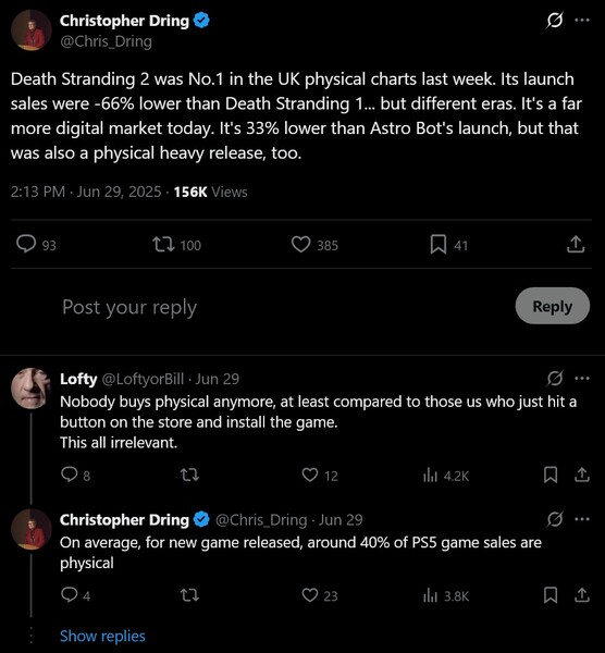 Il post di Christopher Dring X sulle vendite di Death Stranding 2 (Fonte: Christopher Dring X account)