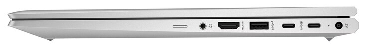 Lato destro: Lettore di schede SIM (opzionale), audio combo, HDMI, USB 3.2 Gen 1 (USB-A), 2x USB 3.2 Gen 2 (USB-C; Power Delivery, DisplayPort), connessione di alimentazione