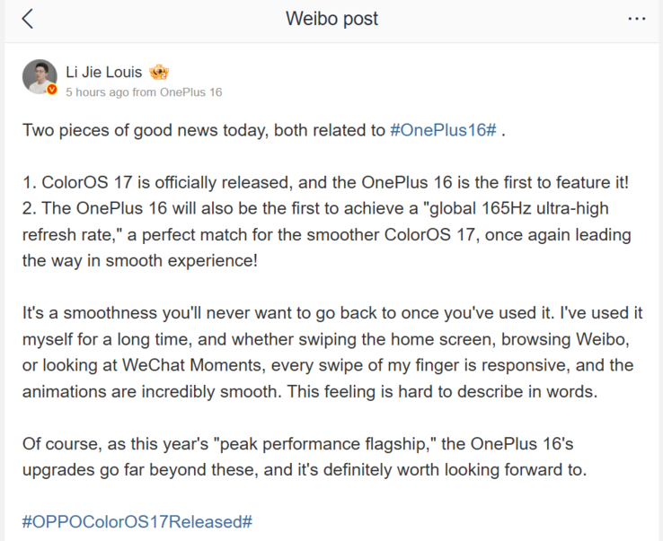 Li Jie ha confermato una frequenza di aggiornamento globale di 165 Hz per OnePlus 16 e ColorOS 17 già preconfigurata.