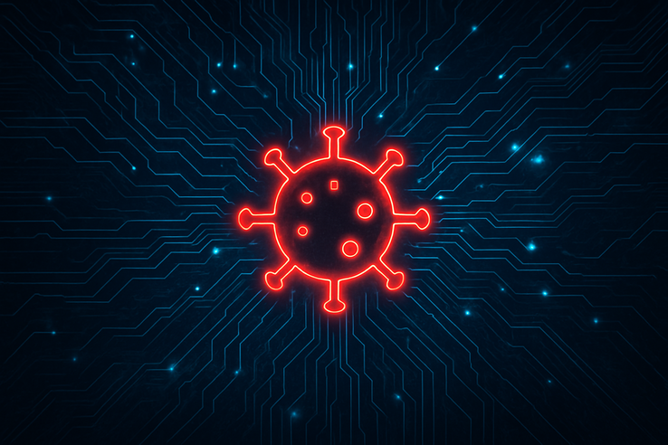 Virus luminoso astratto che si diffonde attraverso i circuiti digitali (Fonte immagine: concept art generata dall'AI)
