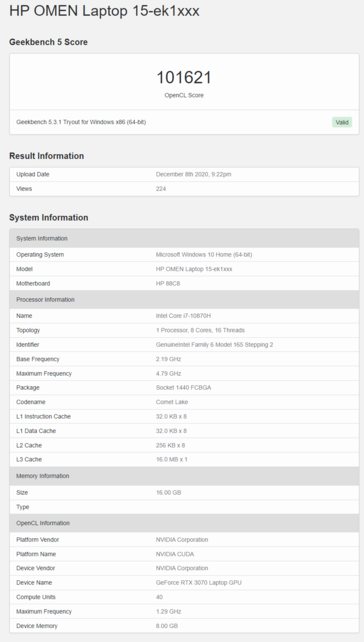 HP Omen 15 with Core i7-10870H ed RTX 3070 Mobile su Geekbench. (Fonte: Geekbench)