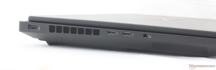 Sinistra: USB-A (10 Gbps), 2x USB-C Thunderbolt 4 con DisplayPort 2.1 + Power Delivery 3.1 (40 Gbps), jack per cuffie da 3.5 mm