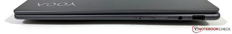 A destra: Webcam eShutter, pulsante di accensione, jack audio da 3,5 mm, USB-A 3.2 Gen 1 (5 GBit/s, alimentato)