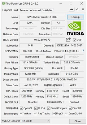 Una schermata di GPU-Z della RTX 3080 12 GB. (Fonte: eTeknix)