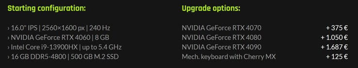 Opzioni di configurazione del NEO 16 (E23). (Fonte: XMG)