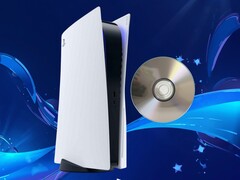 La console PS5 è raffigurata con un disco di gioco fisico