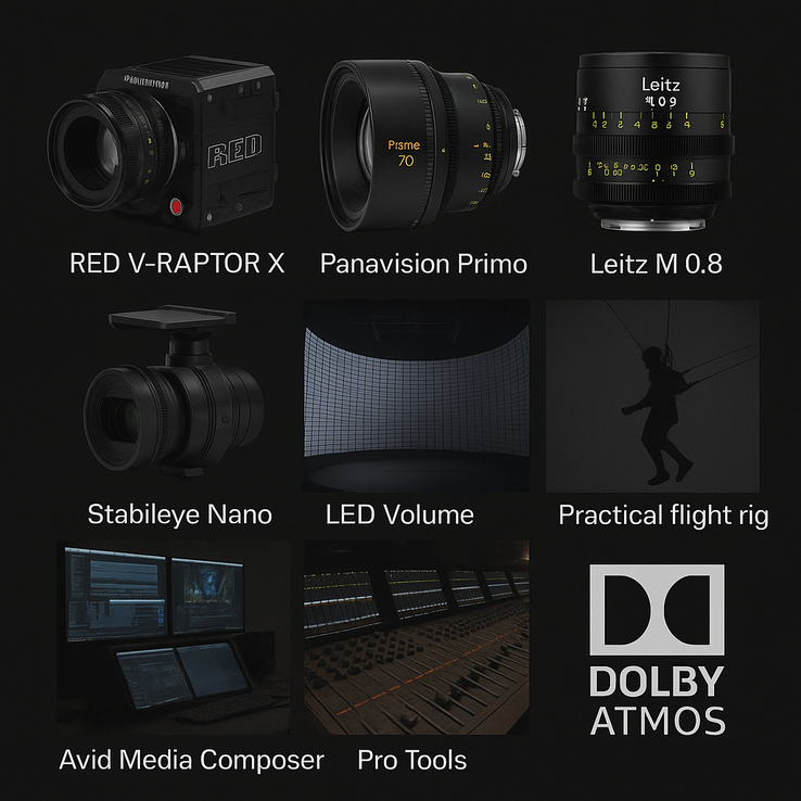 Collage di attrezzature di Superman 2025: telecamera, obiettivi, rig, palco LED, audio (Fonte immagine: Composto da Notebookcheck; materiali di Warner Bros e partner)
