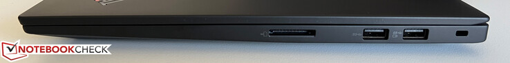 A destra: Lettore di schede SD, 2x USB-A 3.2 Gen. 1 (5 GBit/s, 1x alimentato), slot di sicurezza Kensington Nano