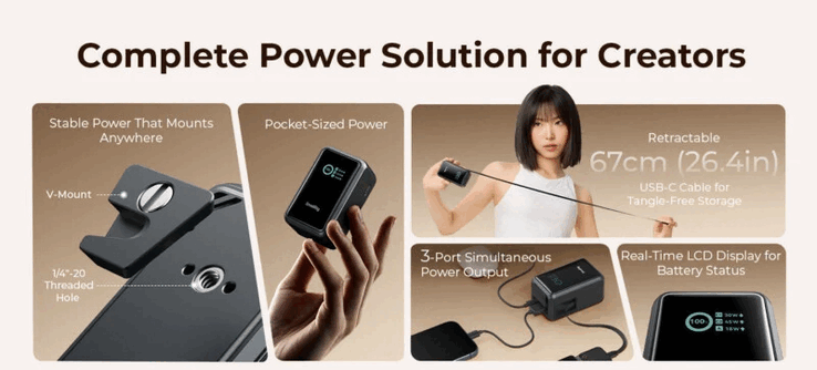 Il Nano 72 ha una capacità di 20.000 mAh e gestisce 100 W in entrambe le direzioni, essendo pensato per riprese più lunghe e attrezzature più pesanti.