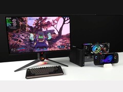 Borderlands 4 in esecuzione su un monitor collegato a un mini PC Minisforum MSA2 abbinato a una AMD Radeon RX 9070 XT in un dock Oculink eGPU, insieme a un palmare Asus ROG Ally X (Fonte immagine: ETA PRIME via YouTube)