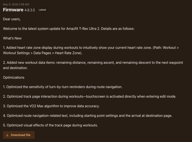 Le note di rilascio della versione firmware 3.8.0.5 per lo smartwatch Amazfit T-Rex Ultra 2