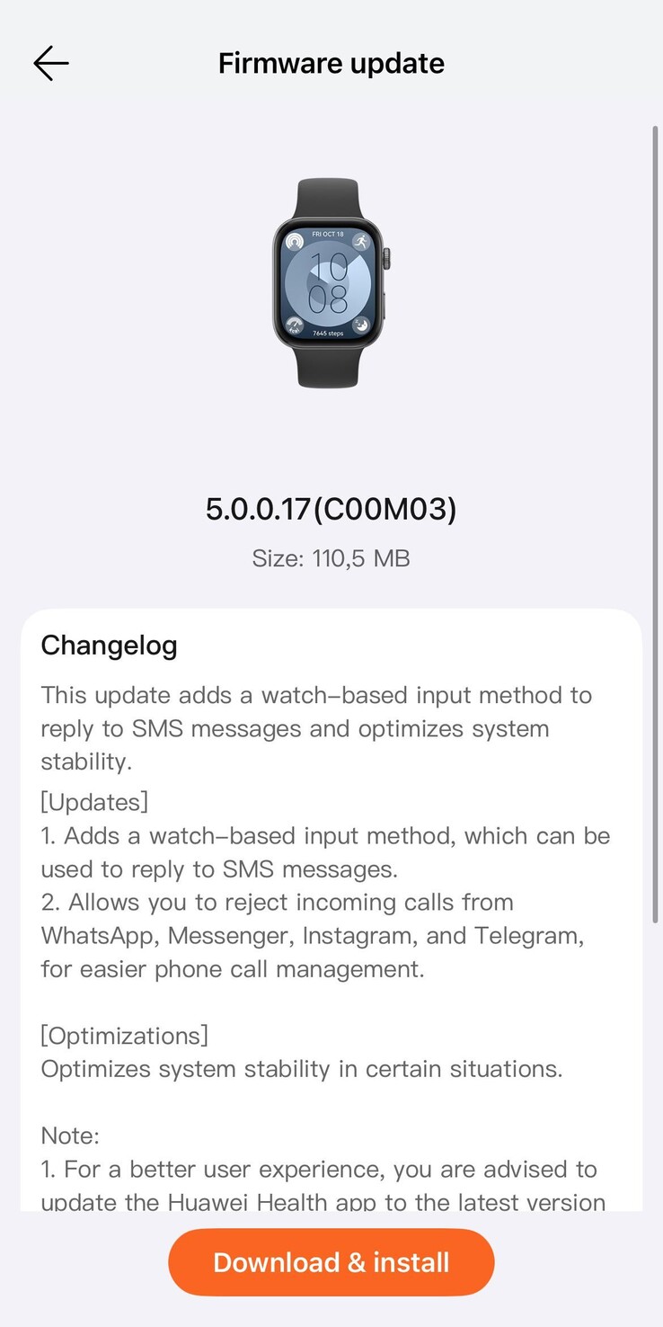 Il registro delle modifiche per la versione firmware 5.0.0.17 per l'Huawei Watch Fit 3. (Fonte immagine: u/Eyas-Alhamwi via Reddit)