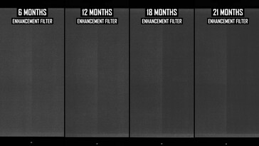 Risultati del test di burn-in di un monitor OLED da gioco a lungo termine (alterati digitalmente per chiarezza). (Fonte immagine: Monitors Unboxed su YouTube)