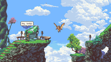Un'immagine che mostra Geddy e Otus in Owlboy.