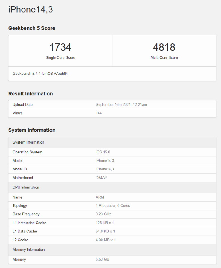 A15 Bionic su Geekbench (immagine via Geekbench)