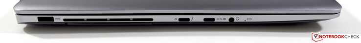 A sinistra: alimentazione, USB-C 4.0 con Thunderbolt 4 (40 GB/s, PowerDelivery, modalità DisplayPort ALT), USB-C 3.2 Gen.2 (10 GB/s, modalità DisplayPort ALT), 3,5 mm stereo