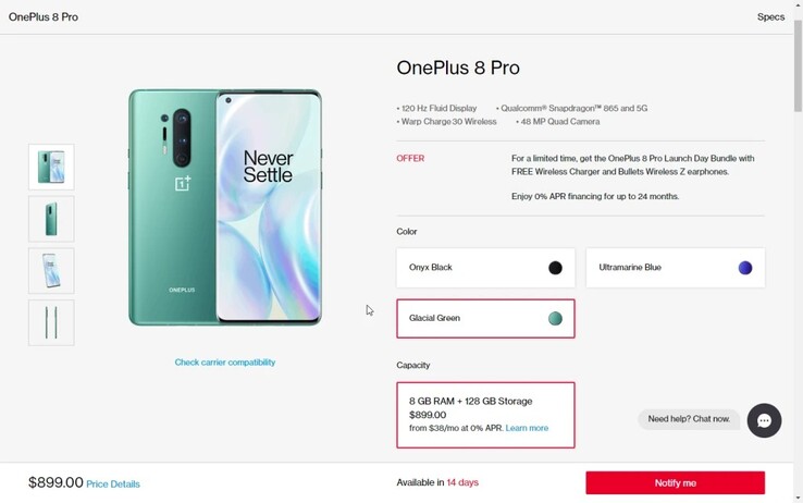 La schermata di vendita di OnePlus 8 (Image Source: 9to5google)