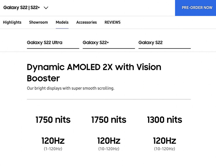 Samsung ha ora cancellato i riferimenti a Galaxy S22 e Galaxy S22+ che supportano frequenze di aggiornamento di 10-120 Hz. (Fonte immagine: Samsung)