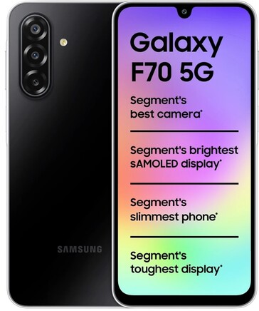 Samsung Galaxy F70 5G in Bold Black, mostrato dalla parte anteriore e posteriore