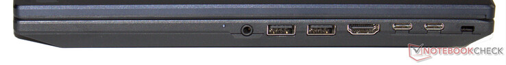 Lato destro: combo audio, 2x USB 3.2 Gen 2 (USB-A), HDMI, Thunderbolt 4 (USB-C; Power Delivery, DisplayPort), USB 3.2 Gen 2 (USB-C; Power Delivery), slot per un lucchetto Kensington