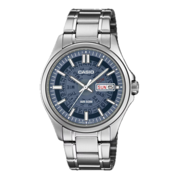 Il modello MTP-E740-2A1V di Casio, in blu navy, presenta un quadrante traslucido che lascia intravedere i ruotini del giorno e della data sottostanti.