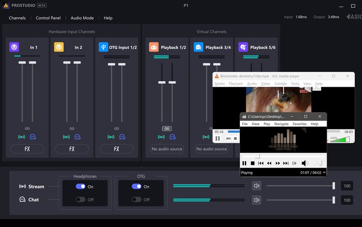 Esempio di instradamento virtuale - Due sorgenti audio virtuali del PC con ingresso microfonico XLR mixate in un'uscita combinata.