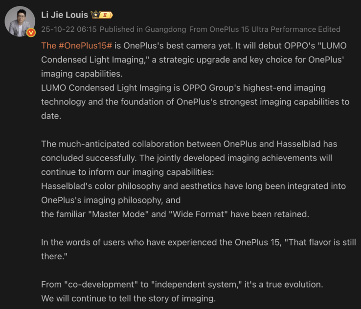 Il presidente di OnePlus Louis Lee rivela i dettagli della fotocamera del OnePlus 15. (Fonte immagine: Weibo - tradotto automaticamente)