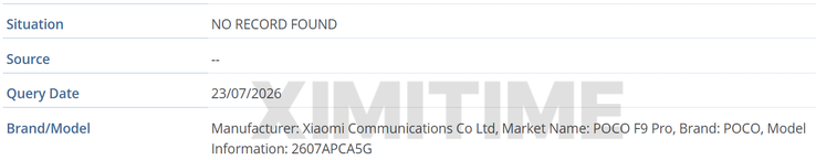 Scheda del Poco F9 Pro nel database IMEI della GSMA.