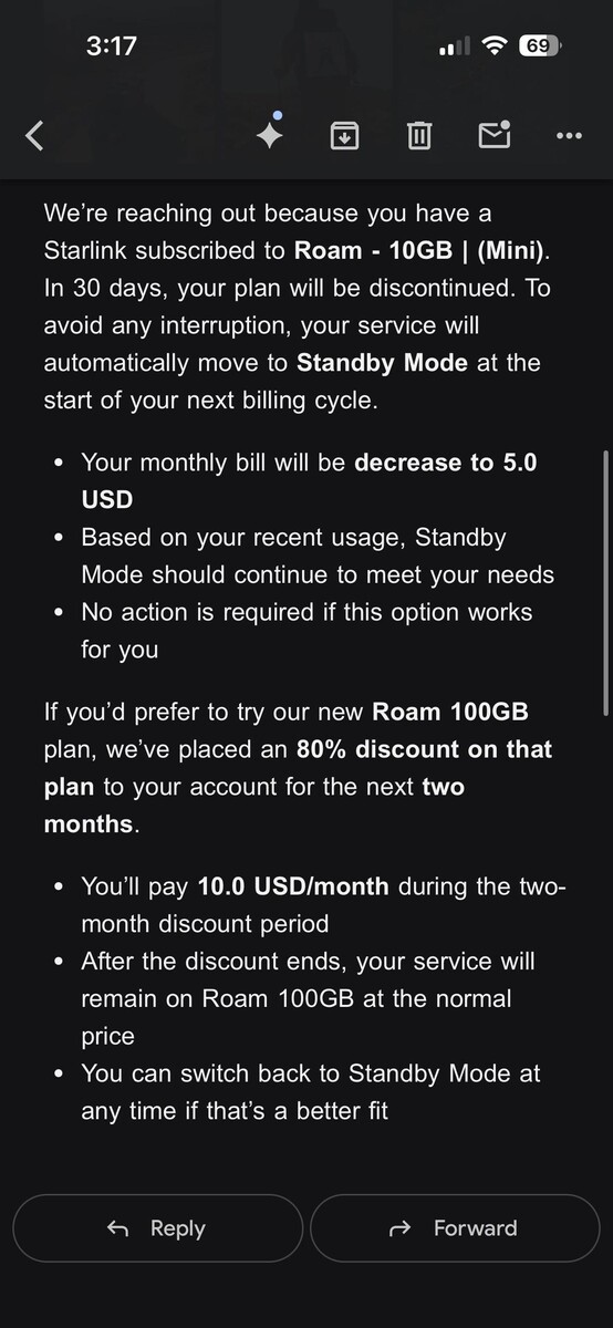 Starlink trasformerà il piano Roam da 10 dollari in modalità Standby. (Fonte: silvertricl0ps/Reddit)