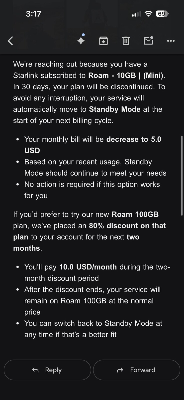 Starlink trasformerà il piano Roam da 10 dollari in modalità Standby. (Fonte: silvertricl0ps/Reddit)