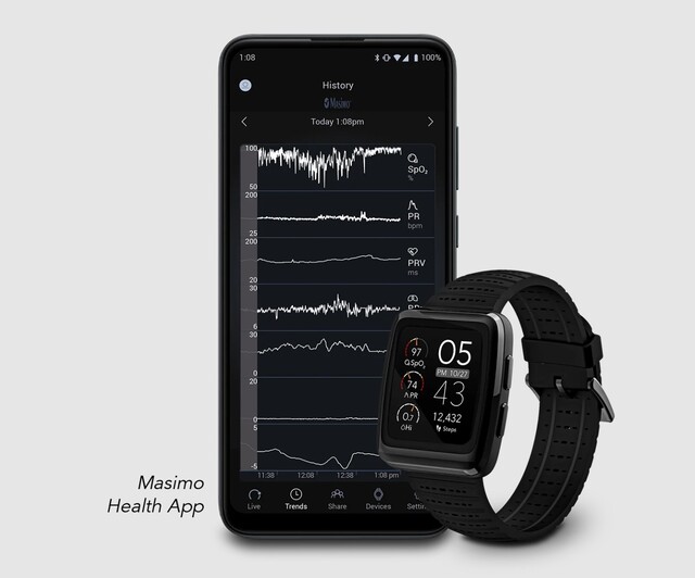 I parametri vitali di Masimo W1 possono essere registrati su smartphone e visualizzati da remoto in tempo reale dai medici. (Fonte: Masimo)