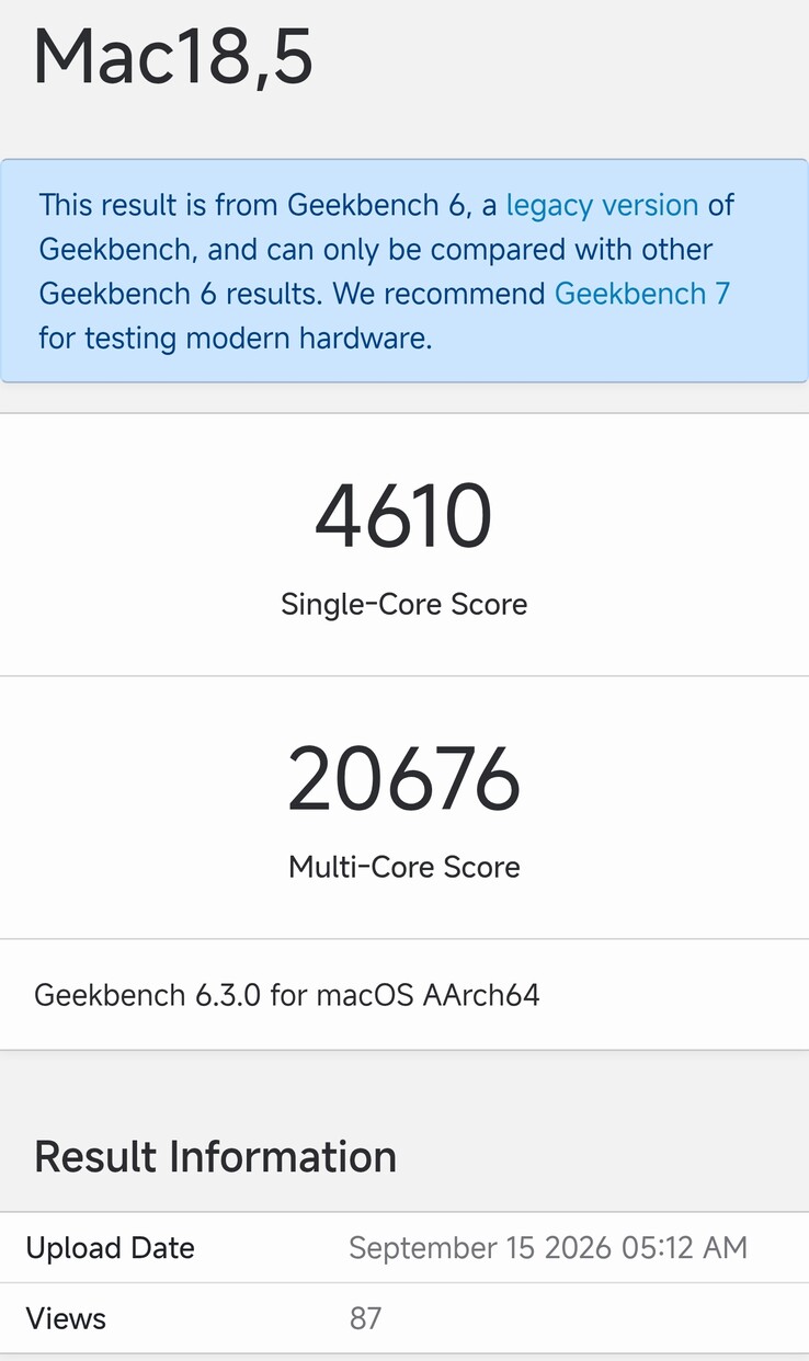 La scheda di Geekbench 6.3 relativa al Mac mini M6