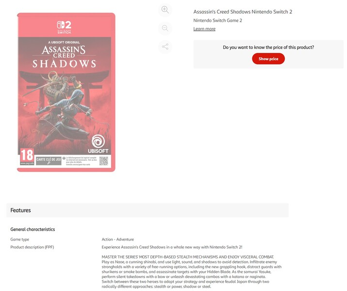 Assassin's Creed Shadows Switch 2 Inserzione Auchan (Fonte: screenshot, Auchan)