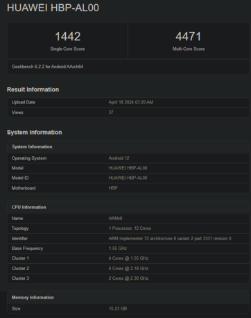 Punteggio Geekbench di HiSilicon Kirin 9010 (immagine via Geekbench)