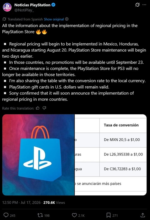 Di seguito è riportato l’annuncio tradotto relativo ai prezzi del PlayStation Store in America Latina