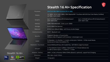 MSI Stealth 16 AI+: Specifiche. (Fonte immagine: MSI)