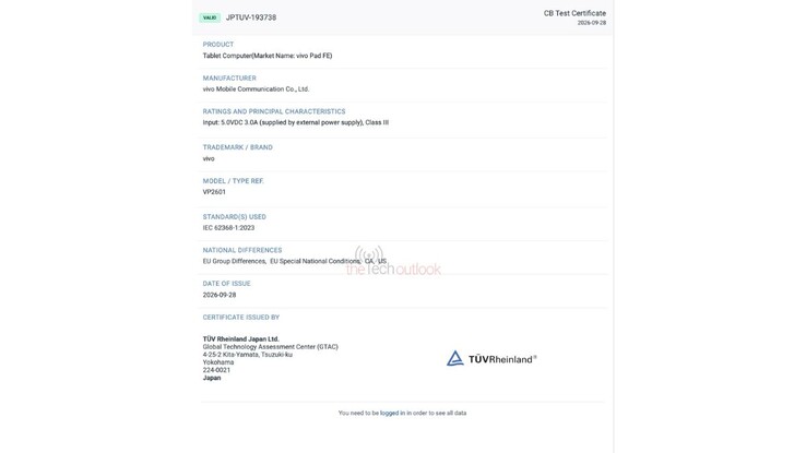 Certificazione TÜV Rheinland Japan per il Vivo Pad FE.